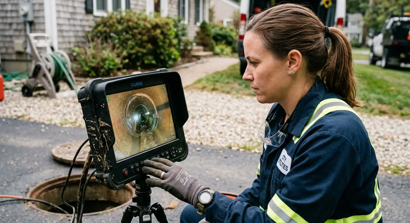 Technician reviewing sewer camera inspection footage in North Auburn