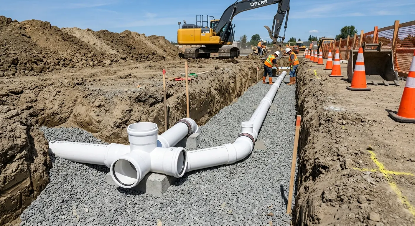 New PVC sewer pipe installation in open trench for Sewer Backup in North Auburn
