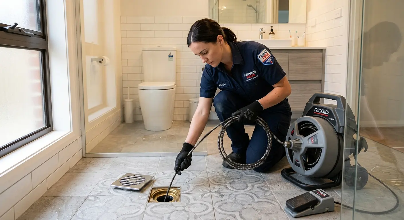 Technician clearing a bathroom floor drain for Drain Cleaning in North Auburn